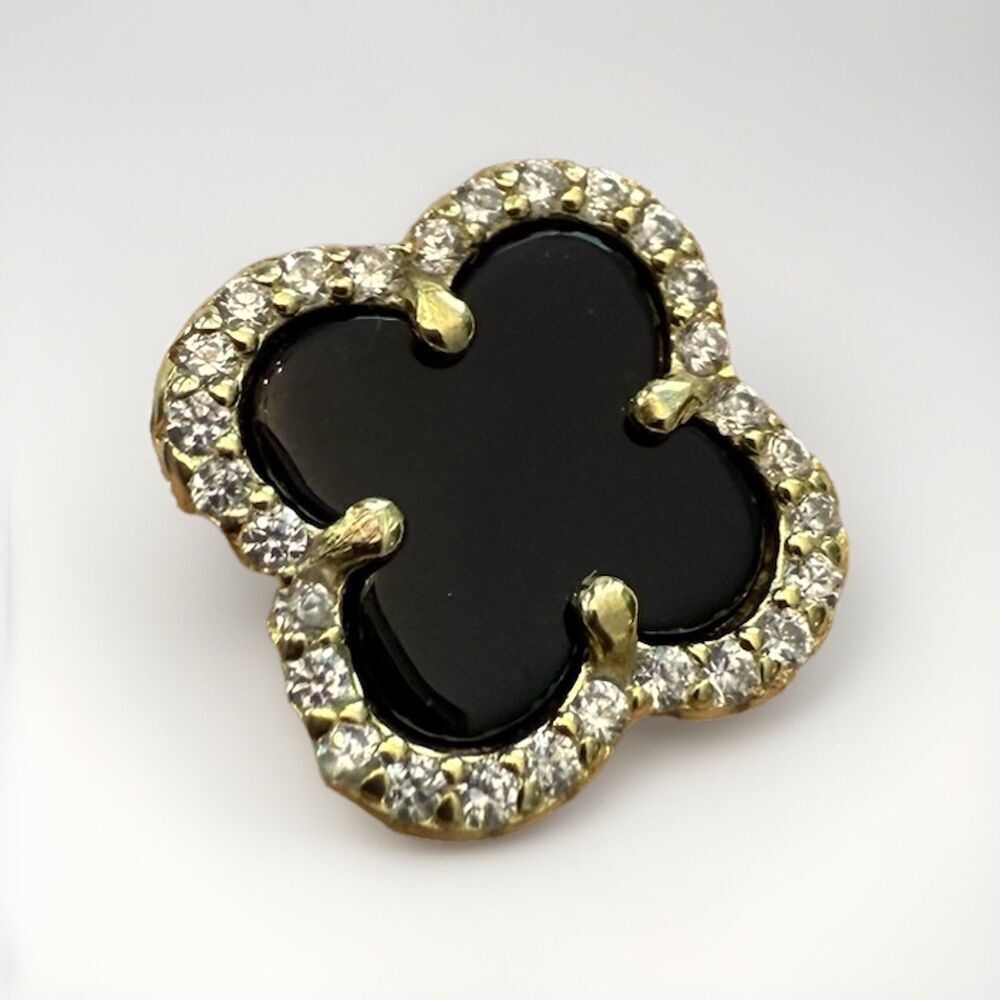 Gemolio cz Sterling Silver Yellow Gold clad Black Onyx Pave' Ring Size 6 New
